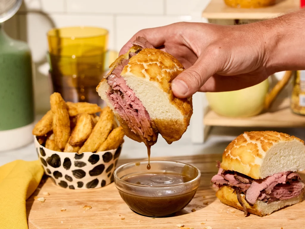 Recipe photo of French Dip Sando Sandwich on a plate.